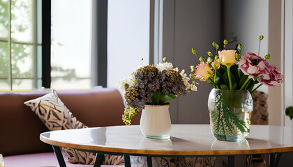 Flowers placed on tables in modern homes