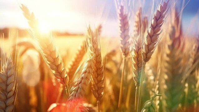 A golden wheat field in the at sunset. Nature landscape concept. Countryside. Close-up. Blurred background