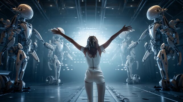 woman dancing in the spaceship, robots around her
