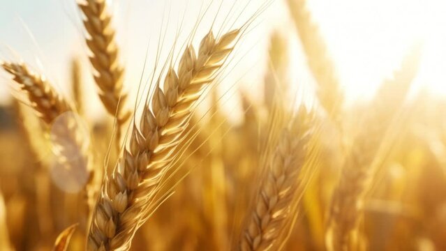 A golden wheat field in the at sunset. Nature landscape concept. Countryside. Close-up. Blurred background