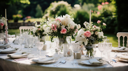 Okrągły stolik weselny - nakrycie w ogrodzie. Bukiety róż i zastawa kryształowa. Ślub w plenerze - obrazy, fototapety, plakaty