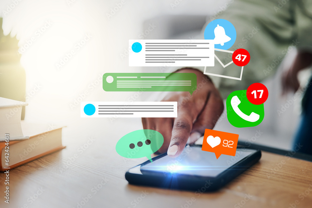 Poster phone, notification icon or hands typing for communication, social media or chat texting on online d