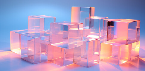 An abstract transparent cubes on blue-red background, mock up 3D, product presentation
