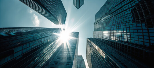 Fototapeta na wymiar Sunbeams and urban heights: a business world in shades of blue. generative AI,