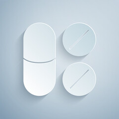 Paper cut Toothache painkiller tablet icon isolated on grey background. Tooth care medicine. Capsule pill and drug. Pharmacy design. Paper art style. Vector