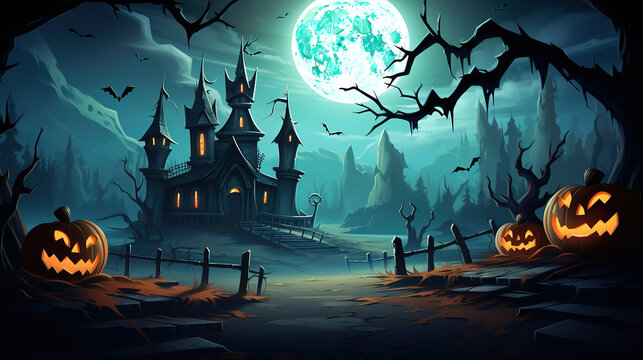 background halloween in the castle with full moon