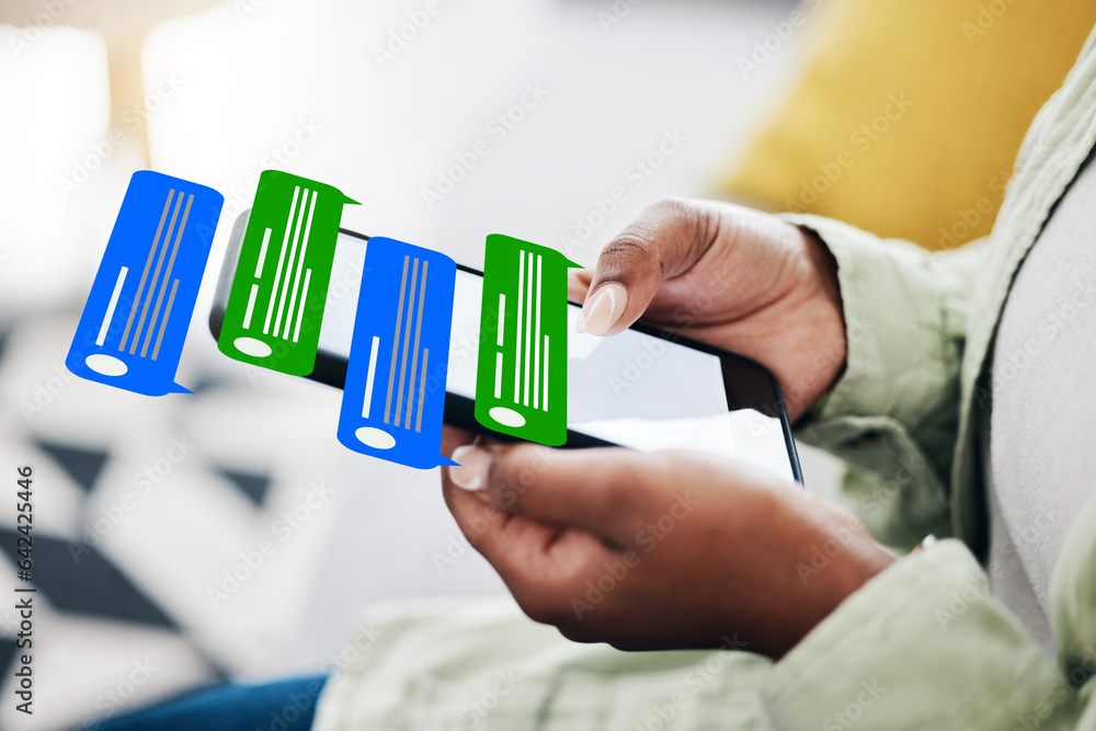 Poster phone, message icon or hands typing for communication, social media or chat texting on online dating