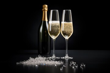 Two glasses with champagne next to bottle on mirrored surface against black background