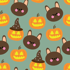 Halloween seamless pattern with cartoon pumpkin, rabbit, and halloween element. cute halloween wallpaper for holiday theme, gift wrap paper