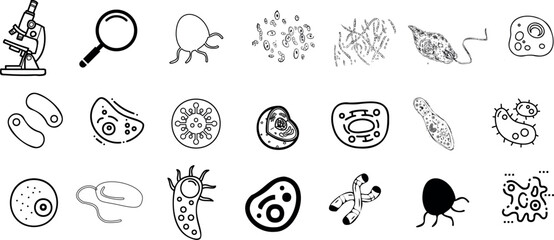 Microorganisms Vector Illustration: 21 black and white icons of bacteria, viruses, and scientific equipment. Perfect for educational and scientific projects.