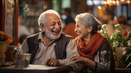 Obraz premium An endearing image of senior couples enjoying a leisurely stroll through a picturesque town square, their smiles capturing the joy of creating lasting memories together