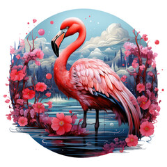 An enchanting flamingo t-shirt design set in an underwater wonderland, featuring a flamingo adorned with coral and pearls, Generative Ai