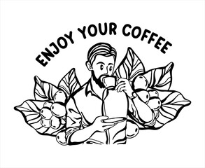 vector illustration of a man drinking coffee, with a background of coffee leaves in the morning, line art