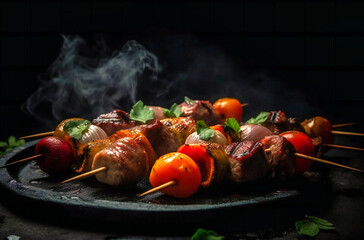Meat and Vegetable Skewers on Black Plate with Smoke: Sizzling Delights