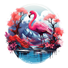 An enchanting flamingo t-shirt design set in a realm of dreams, depicting a flamingo amidst a surreal dreamscape of floating islands, Generative Ai