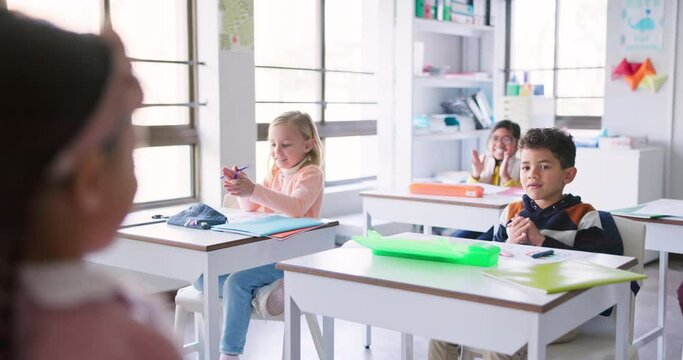 Class, presentation applause and child with celebration and cheering in classroom at school. Young kid, education and oral project with a student and teacher with children group in discussion