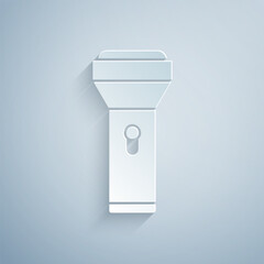 Paper cut Flashlight icon isolated on grey background. Paper art style. Vector