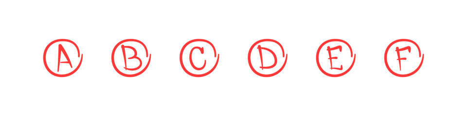 School grade results vector set. Red test grades handdrawn marks.