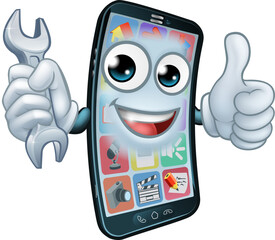 A mobile phone repair service or perhaps plumber or mechanic app cartoon character mascot holding spanner and giving a thumbs up.