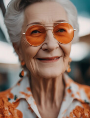 A beautiful elderly woman in orange glasses and in orange clothes. Generative AI.