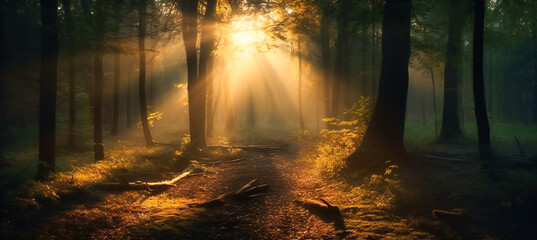 Sunbeam Shining Through Forest: Enchanted Woodland - obrazy, fototapety, plakaty
