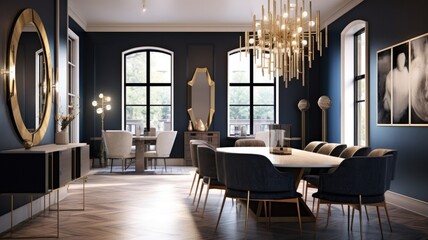 Fototapeta na wymiar Interior design inspiration of Modern Art Deco style home dining room loveliness decorated with Glass and Brass material and Geometric Chandelier .Generative AI home interior design .