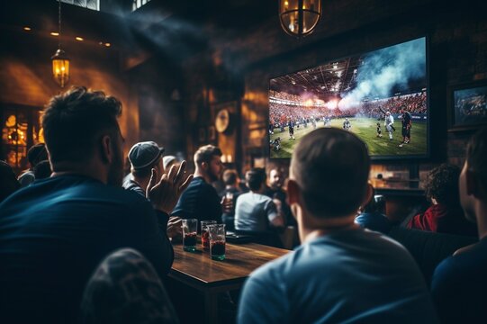 Fußballfans beim Public Viewing in Kneipe während internationaler Meisterschaft, Fussball