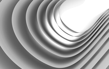 Gray abstract background of dynamically curving wide stripes illuminated from behind by light, 3d render
