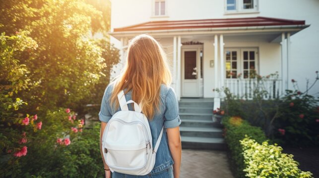 Rear View Of College Student Carrying Backpack Back Home Using Door With Key. Young Office Lady From Work Unlock The House To Enter The Room. Two Plants Next To The Front Door In A White Wooden House