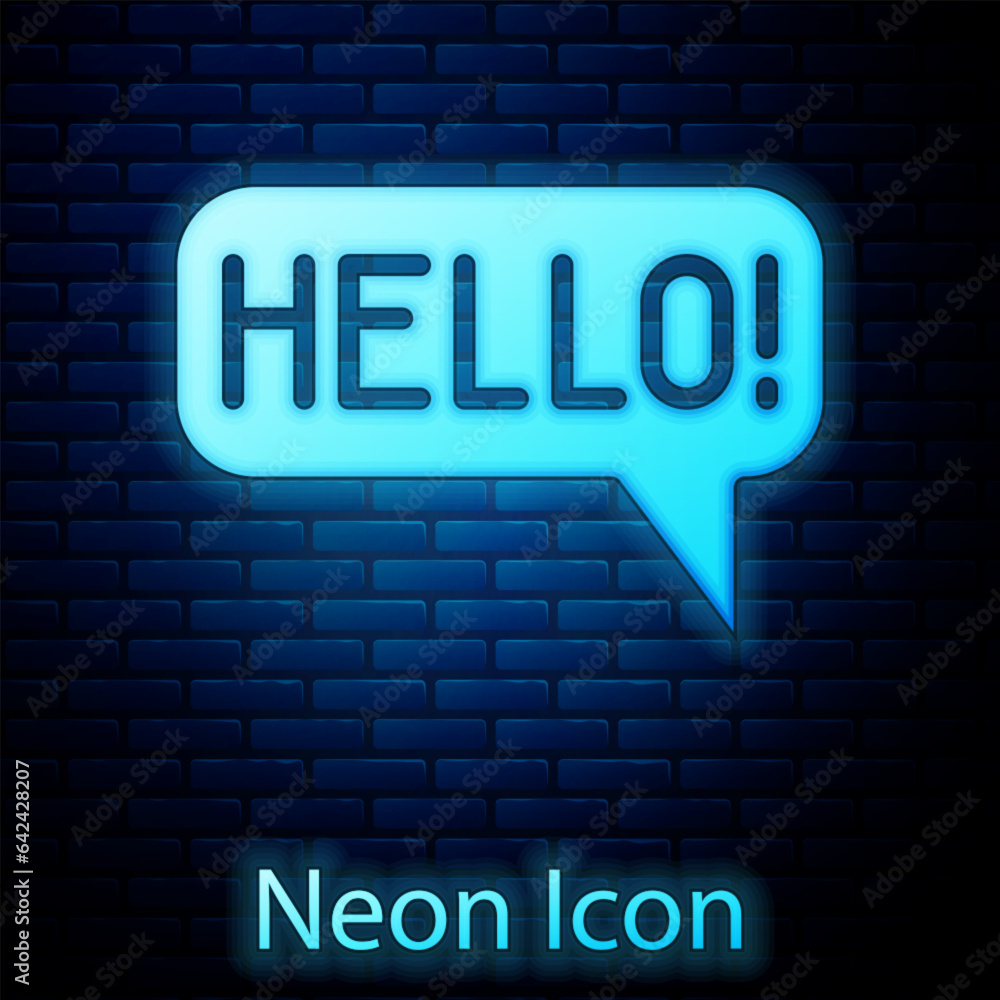 Poster glowing neon hello in different languages icon isolated on brick wall background. speech bubbles. ve