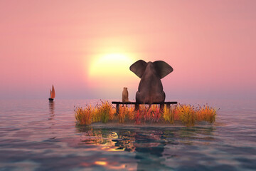 Elephant and Dog are sitting on a small island in the middle of the sea