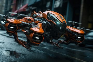 Obraz premium A vivid cinematic shot of a detailed minimal futuristic hoverbike flying a few feet above a street, high-tech, sci-fi. A futuristic drone, a flying machine. AI generated