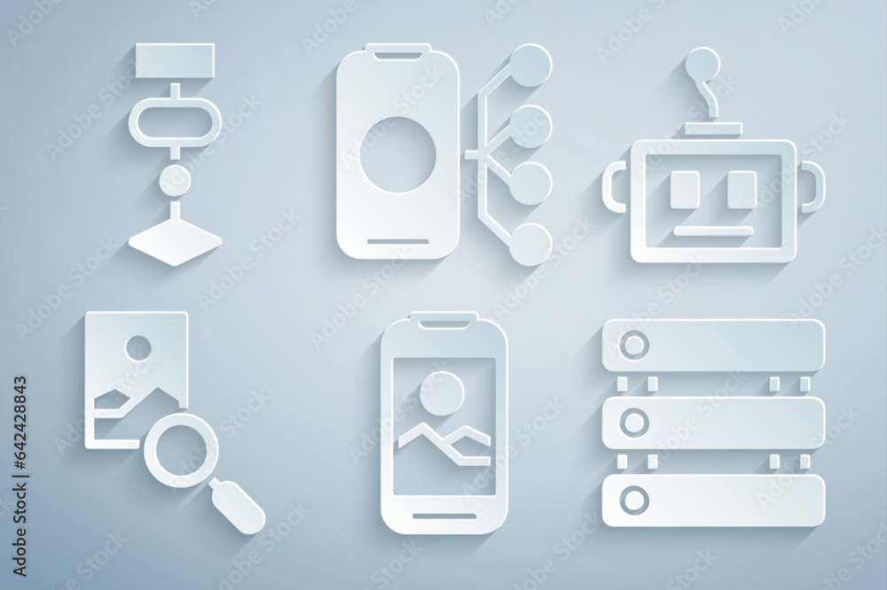 Poster set mobile phone, artificial intelligence robot, photo retouching, server, data, neural network and 