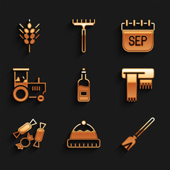 Set Bottle of wine, Winter hat, Handle broom, scarf, Candy, Tractor, September calendar autumn and Wheat icon. Vector