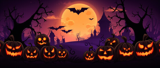 Fototapeta premium Happy Halloween Banner with Pumpkins and Bats - Vector Illustration 
