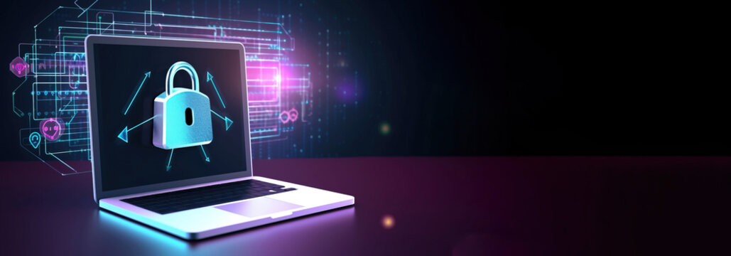 Computer electronic security concept. Neon castle, dark background. AI generated.