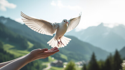 Code up hand releasing a white pigeon On the background, natural scenery, mountains, sky, blurred style. Freedom concept and international day of peace. Generative AI