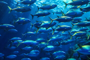 Fototapeta na wymiar A bunch of fish swimming together in a blue