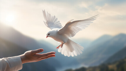Code up hand releasing a white pigeon On the background, natural scenery, mountains, sky, blurred style. Freedom concept and international day of peace. Generative AI - obrazy, fototapety, plakaty