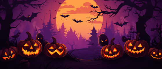 Fototapeta premium Happy Halloween Banner with Pumpkins and Bats - Vector Illustration 