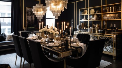 Interior design inspiration of Art Deco Glam style home dining room loveliness decorated with Brass and Velvet material and Chandelier .Generative AI home interior design .