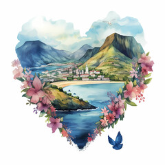 Madeira, Portuguese island in heart shape, watercolor illustration. - obrazy, fototapety, plakaty