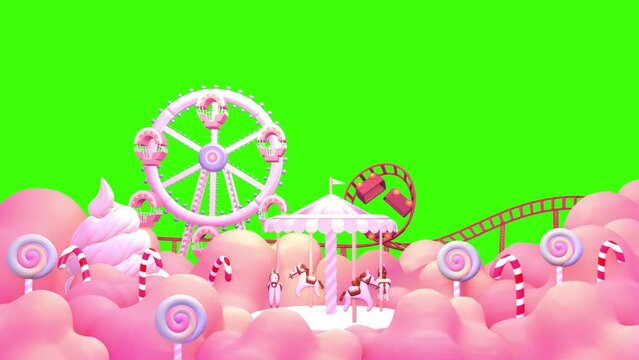 Looped cartoon amusement park frame with ferris wheel, merry-go-round, roller coaster, soft serve ice cream, lollipops, candy canes, and clouds on green screen background animation.