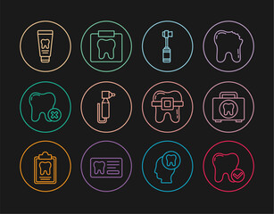 Set line Tooth whitening concept, First aid kit, Toothbrush, drill, with caries, Tube of toothpaste, Teeth braces and X-ray icon. Vector