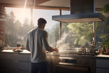 Young African American man is preparing breakfast. Healthy food. View from the back of a young...