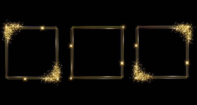 Set of vector template of shining gold frame, background with glitter for Christmas celebration party, New Year card, wedding, bachelorette party, baby shower party, logo. Vector illustration