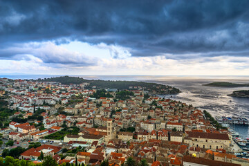Obraz premium Skyline panorama of Hvar coast town at sunset. Croatia