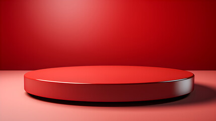 Empty red 3D round podium, pedestal or pedestal to place product. Exhibition template mockup. Minimalist. Generative ai