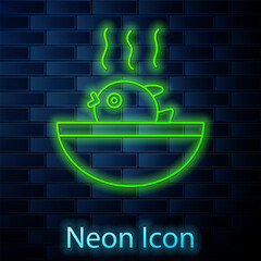 Glowing neon line Puffer fish soup icon isolated on brick wall background. Fugu fish japanese puffer fish. Vector. © vector_v