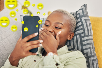 Black woman on sofa with phone, laughing and emoji on social media, message or video online. Happy...